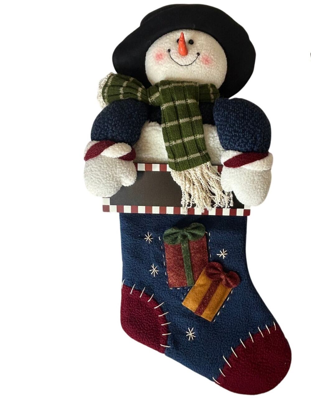 3D Plush snowman Christmas stocking dark blue fleece body w/chalkboard
